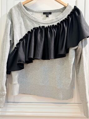 J. Crew Ruffle Accent Grey Sweatshirt with Black Satin Ruffle - Size Small